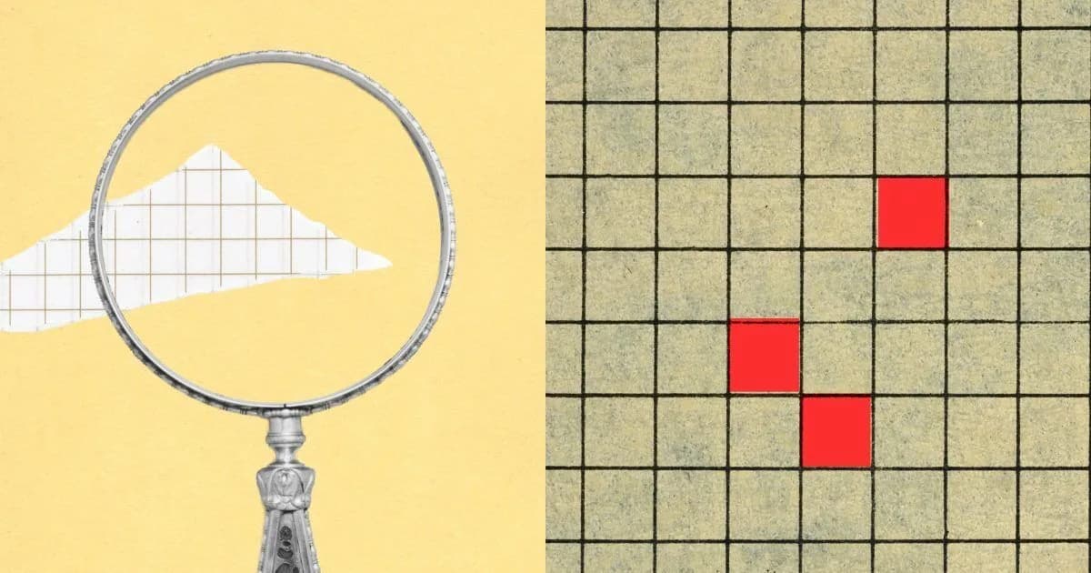 A magnifying glass beside a grid with three red squares