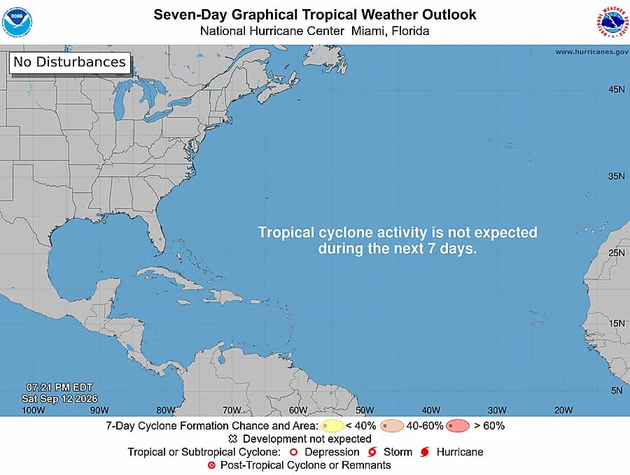 National Hurricane Center map of the Atlantic showing no active tropical disturbances