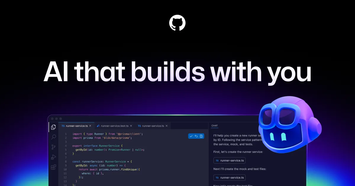 GitHub Copilot product graphic showing the Copilot logo and interface elements