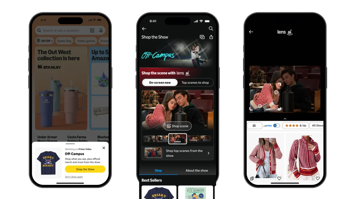 Prime Video Shop the Scene interface showing products inspired by objects and clothing on screen