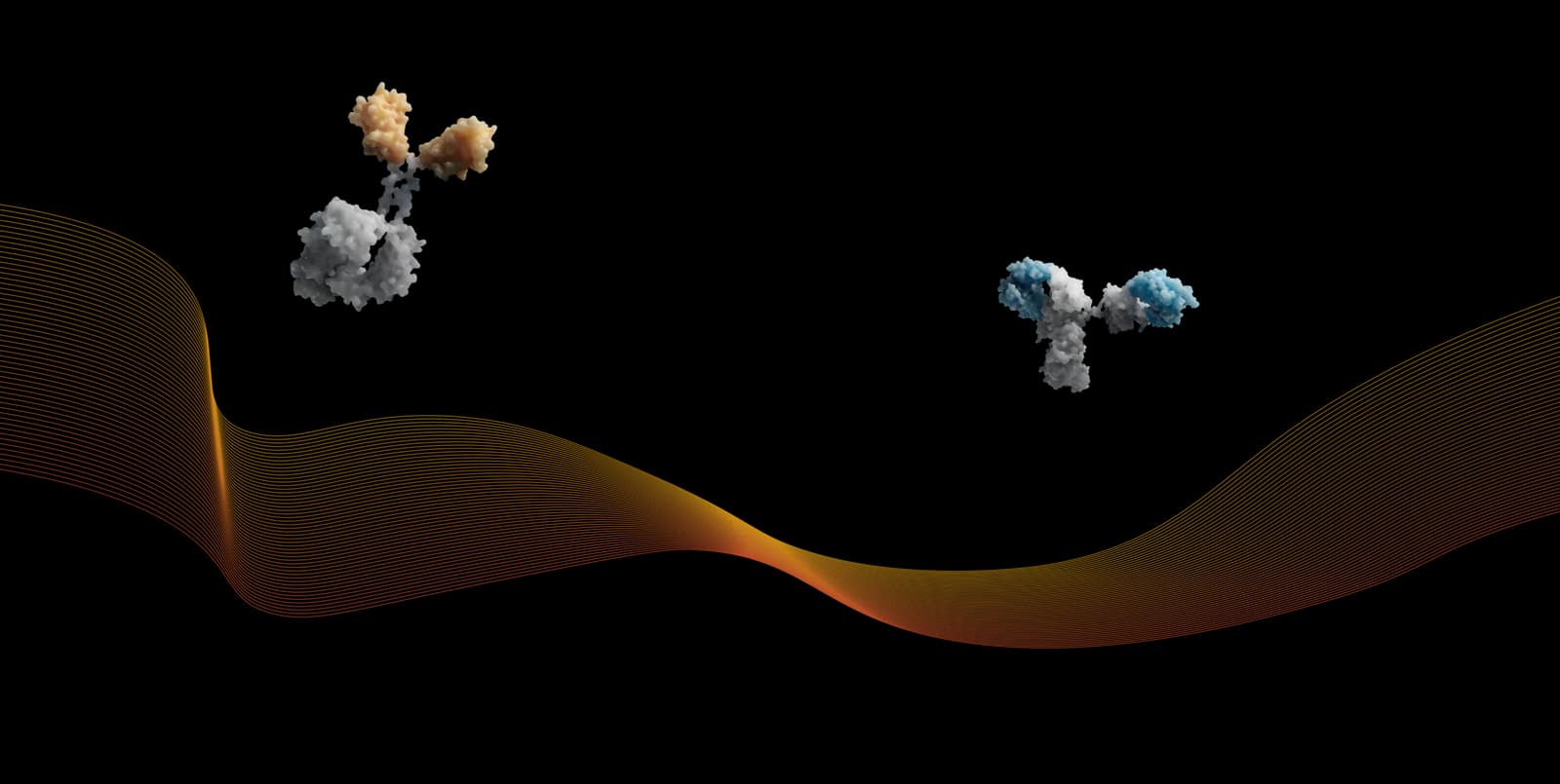 Official Nona Biosciences antibody molecular models on black background with orange data ribbon