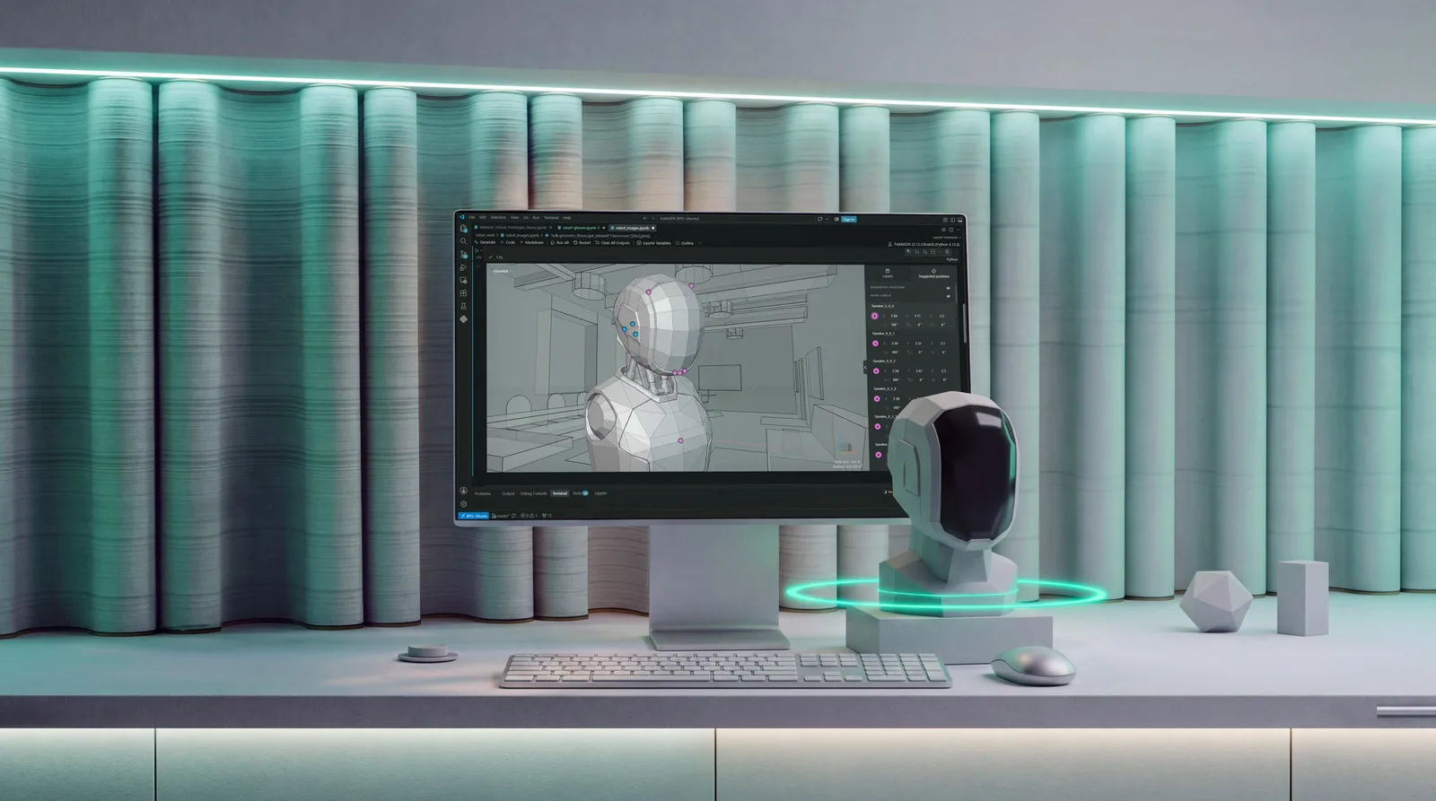 Treble Physical AI desk scene with robot head and acoustic simulation UI on monitor