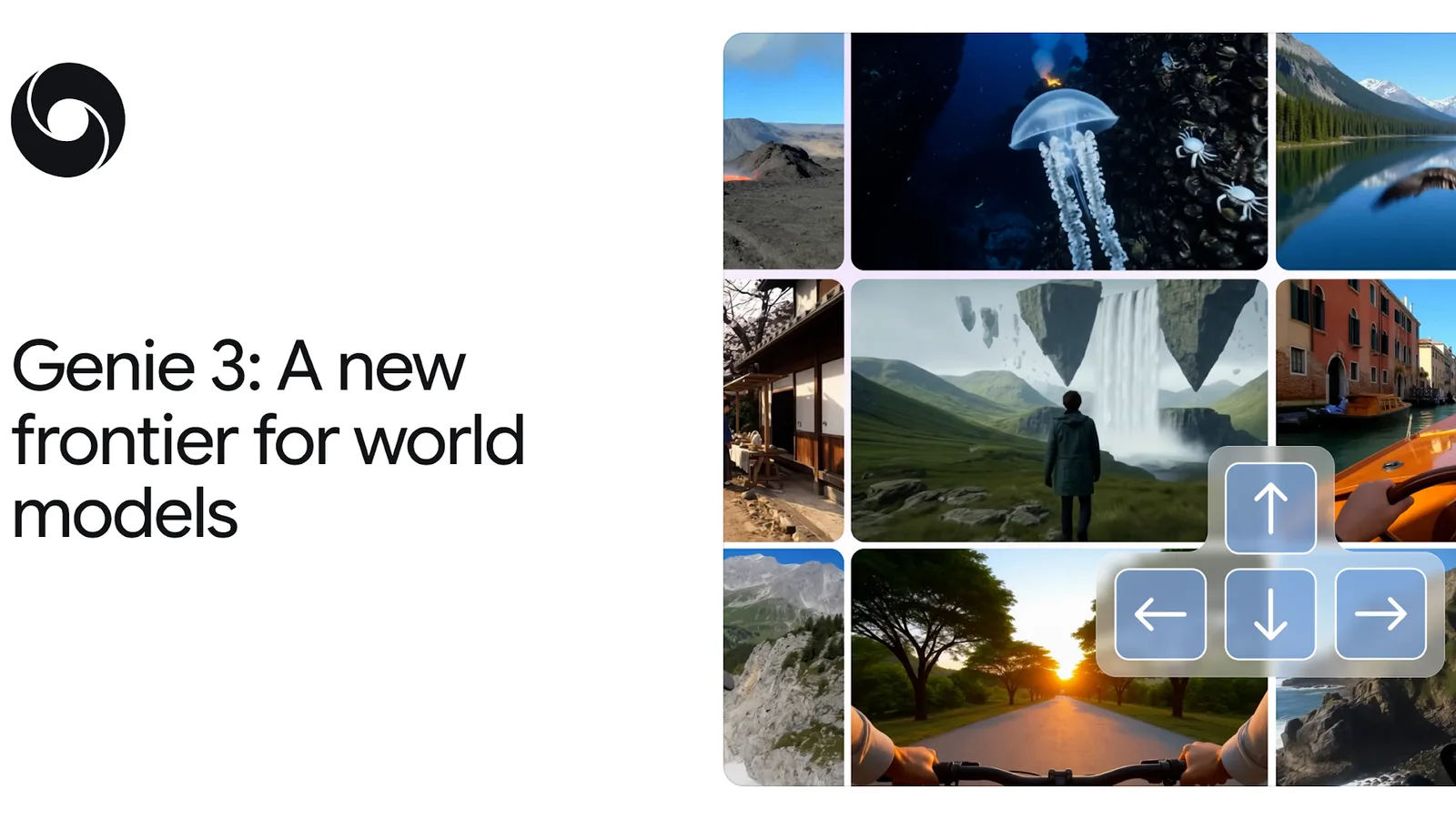 Official Genie 3 announcement hero from Google DeepMind — world-model scene grid
