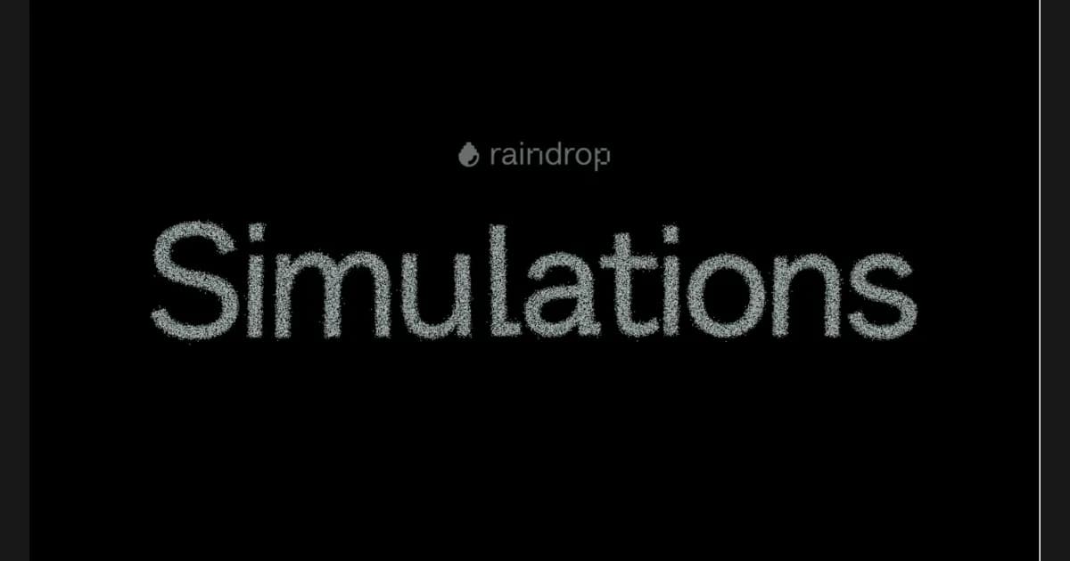 Raindrop Simulations announcement graphic with white textured lettering on a black background