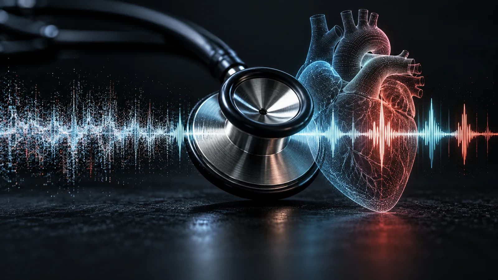 A stethoscope beside a luminous anatomical heart and an audio waveform on a dark background