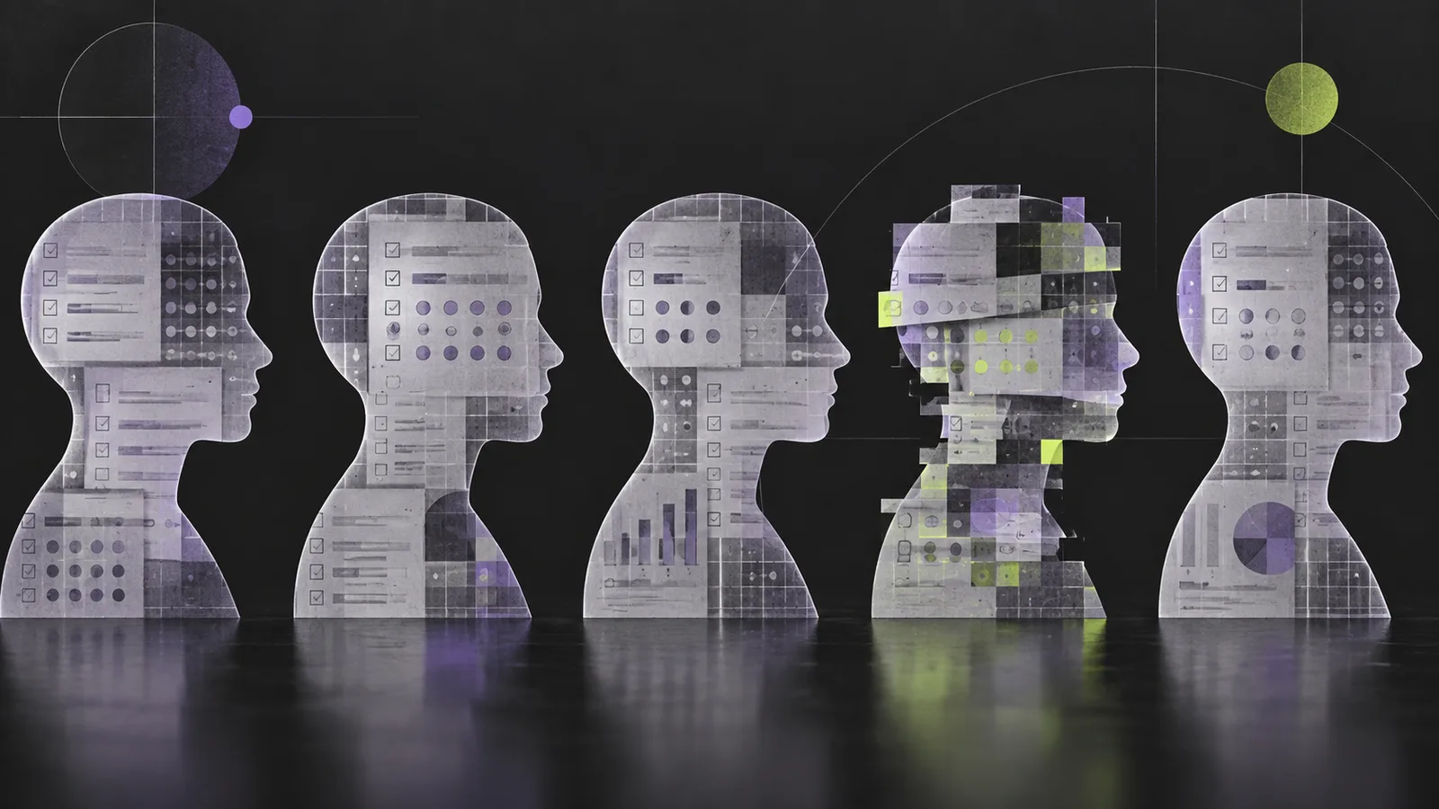 Five anonymous human profiles built from fragmented survey forms and data grids