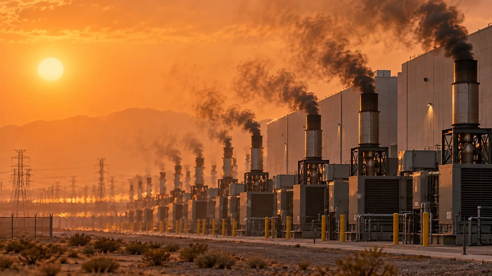 Rows of backup generators emitting exhaust beside a data center during extreme heat