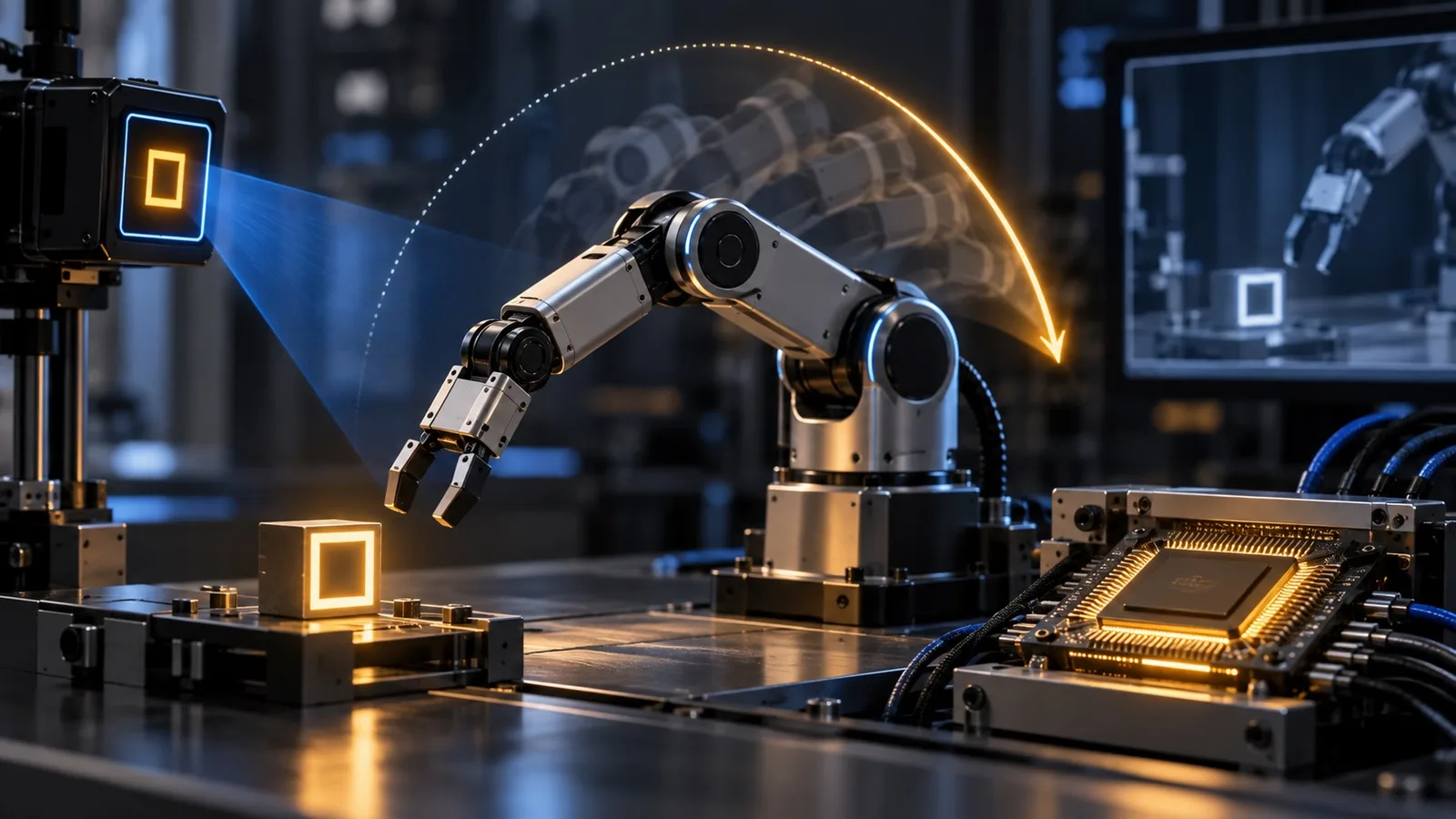 A fast industrial robot arm reacting to a vision signal beside an accelerator chip