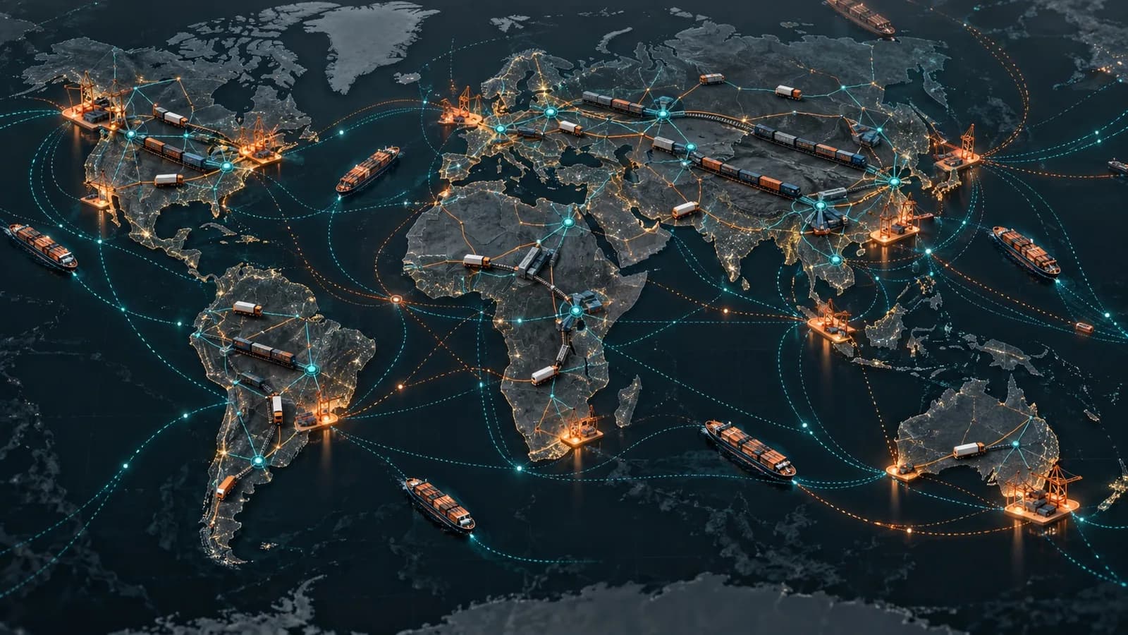 A global freight network linking ports, trains, trucks and cargo ships