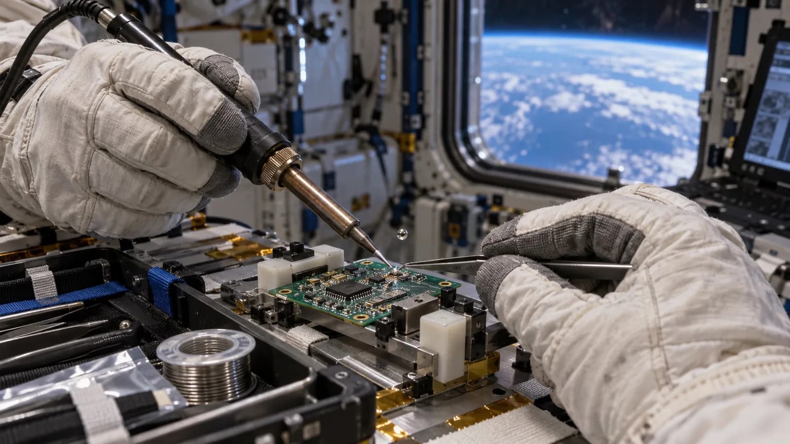 AI-generated illustration of an astronaut soldering a circuit board aboard the space station