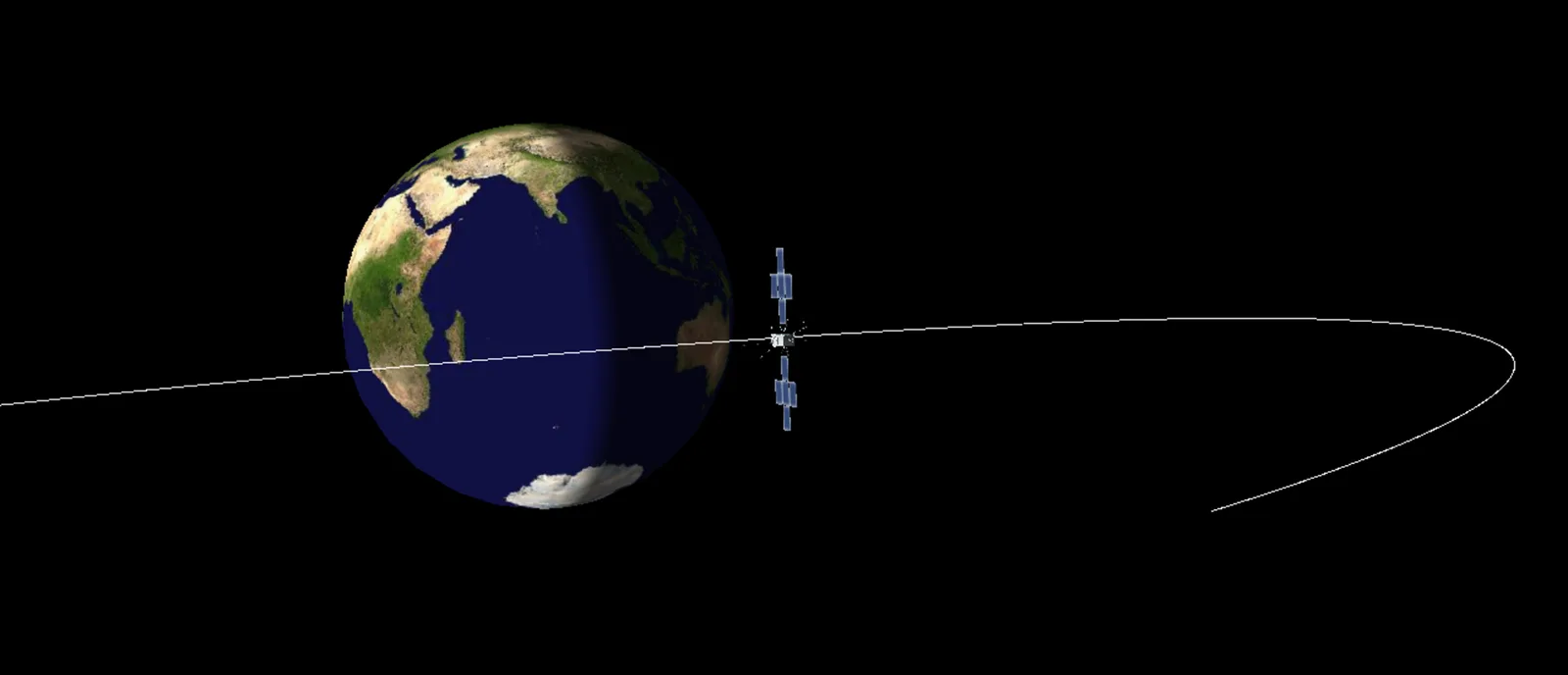 ESA illustration of the Juice spacecraft near Earth with a curved line showing the planned flyby path; this is a rendering, not a flyby photograph.