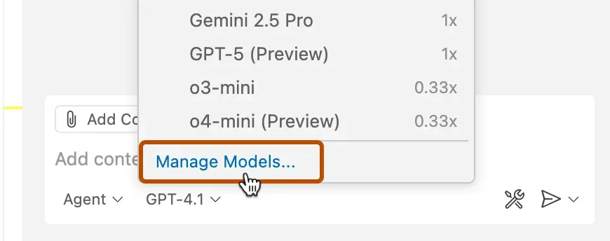GitHub Copilot model selection menu in an official documentation screenshot, with Manage Models highlighted; the pictured older models do not represent Grok 4.7 availability.