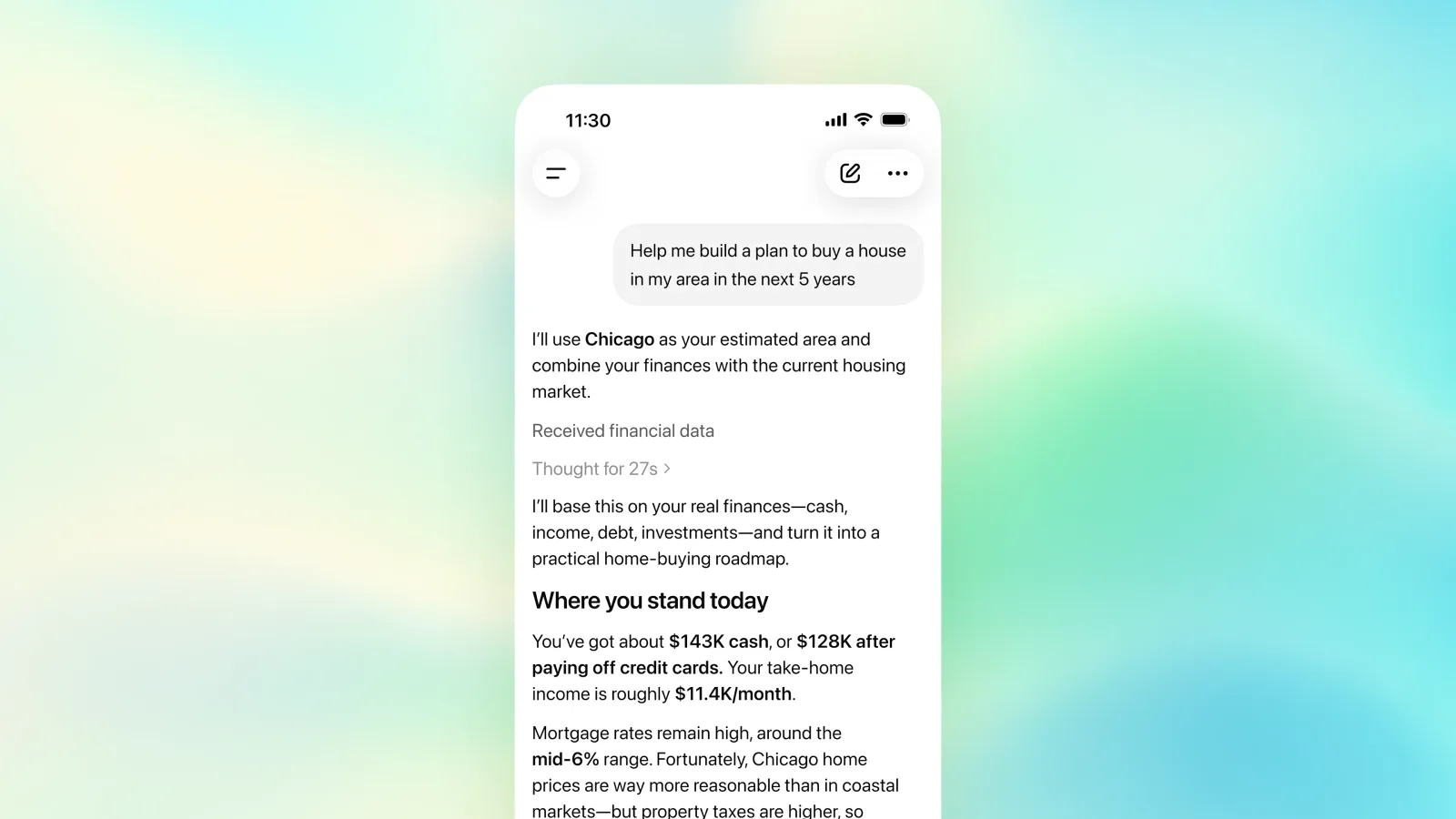 Official OpenAI ChatGPT Finances product screenshot showing a mobile goal-planning example; the pictured screen is not the new Experian credit-score feature.
