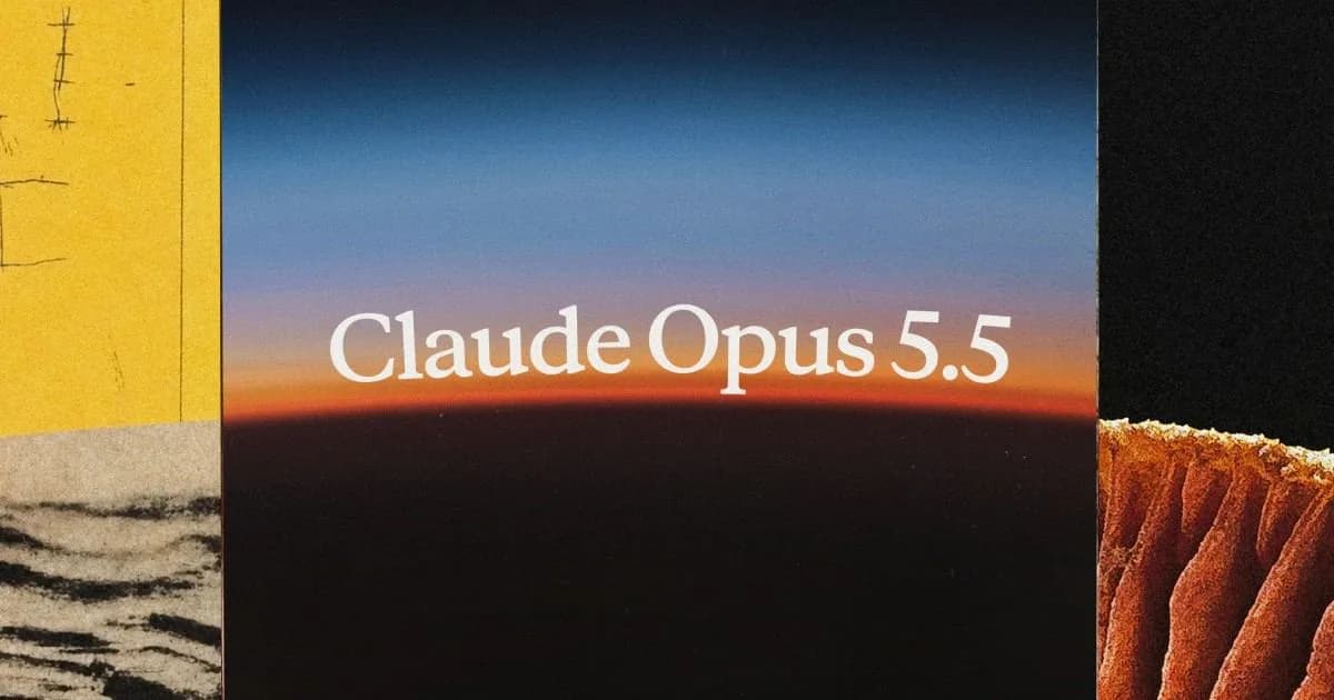 Official Anthropic artwork with the words Claude Opus 5.5 over a sunset-colored landscape collage.