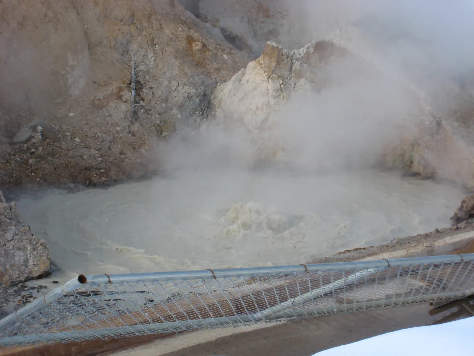 Steam rises from a muddy boiling pool at Sulphur Works in Lassen Volcanic National Park. Illustrative location photo; the amoeba and sampling site are not shown.