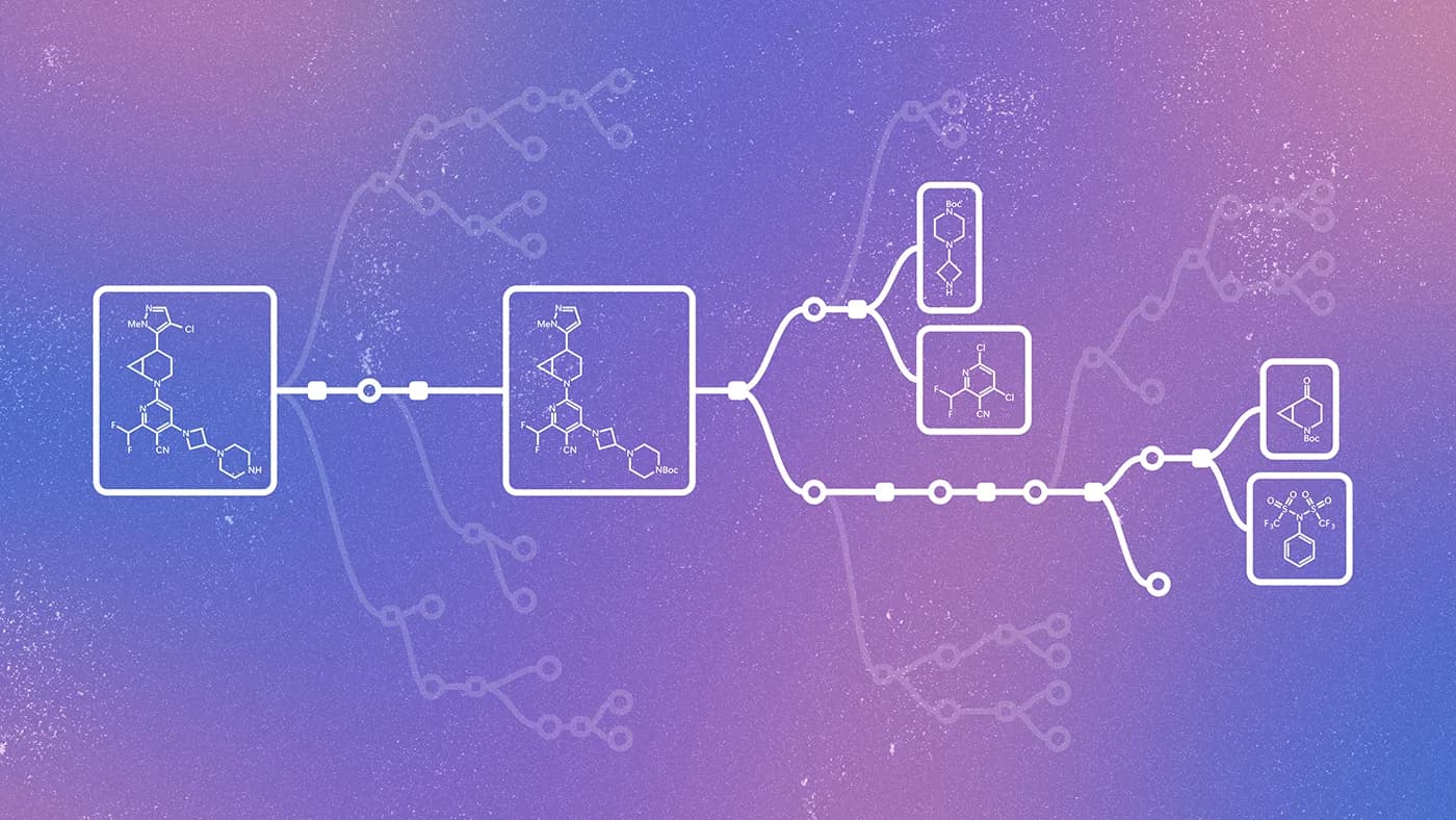A branching retrosynthesis tree connects a target molecule to possible precursor molecules in Microsoft Research’s RetroChimera figure.