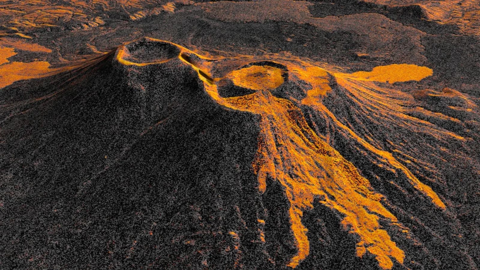 False-color NISAR radar visualization of a volcanic eruption on Russia’s Kamchatka Peninsula.