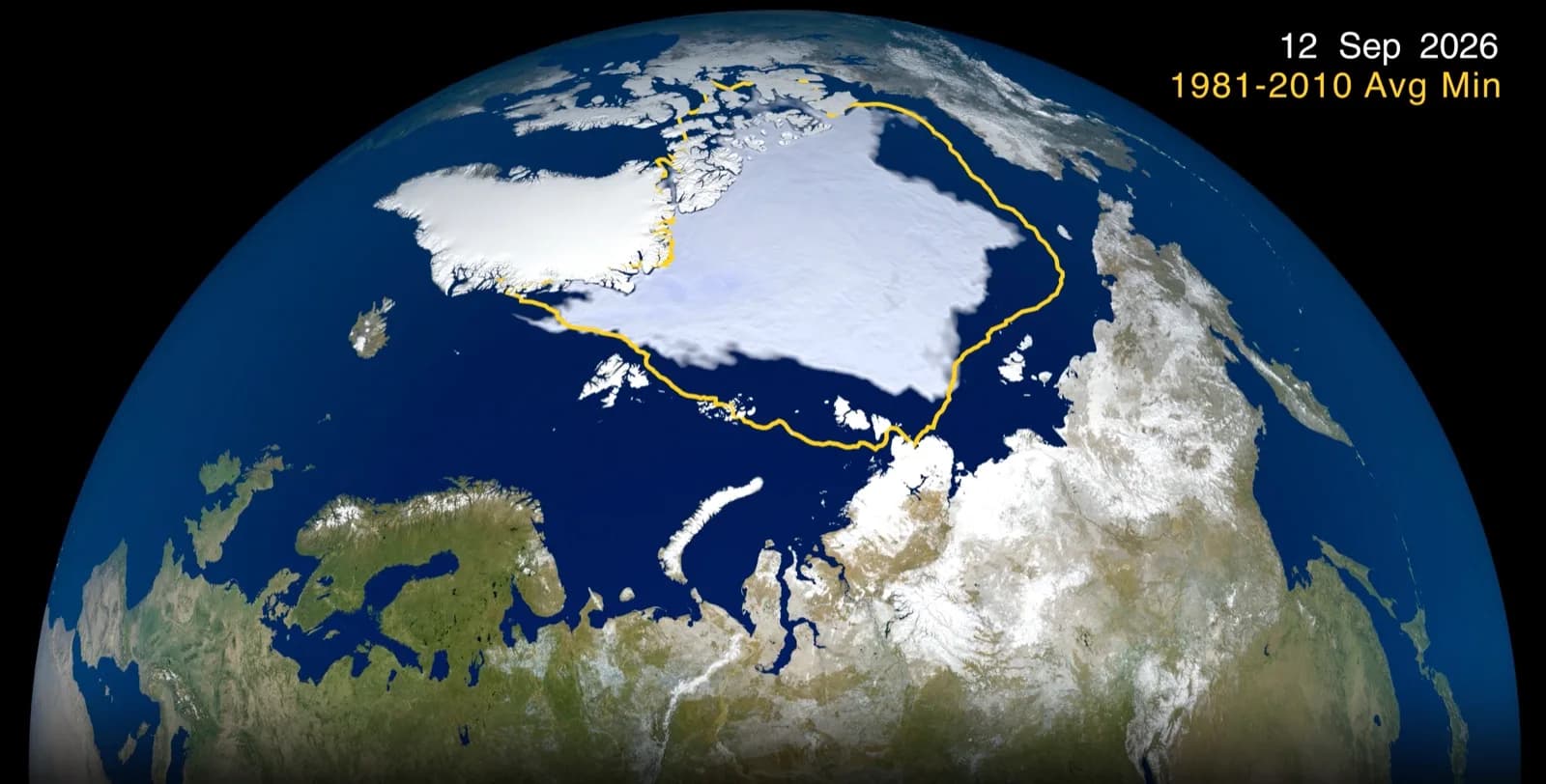 Map of Arctic sea ice extent on September 12, 2026, compared with the 1981–2010 average minimum.