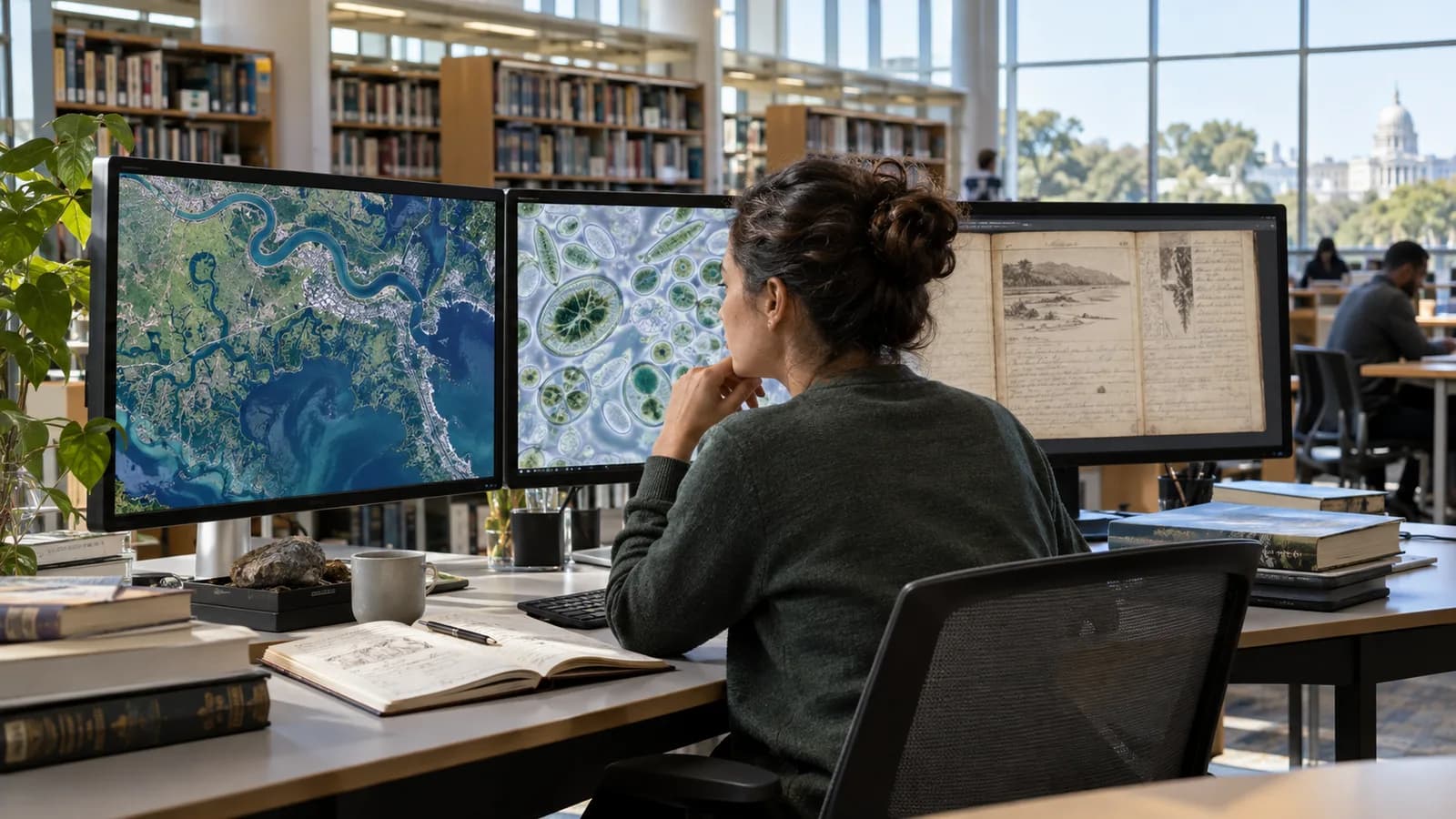 AI-generated illustration of a researcher using scientific data sources at a library desk.