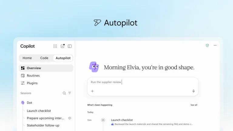Microsoft’s official promotional visual of the Copilot Autopilot interface, showing work sessions and a supplier-review prompt.
