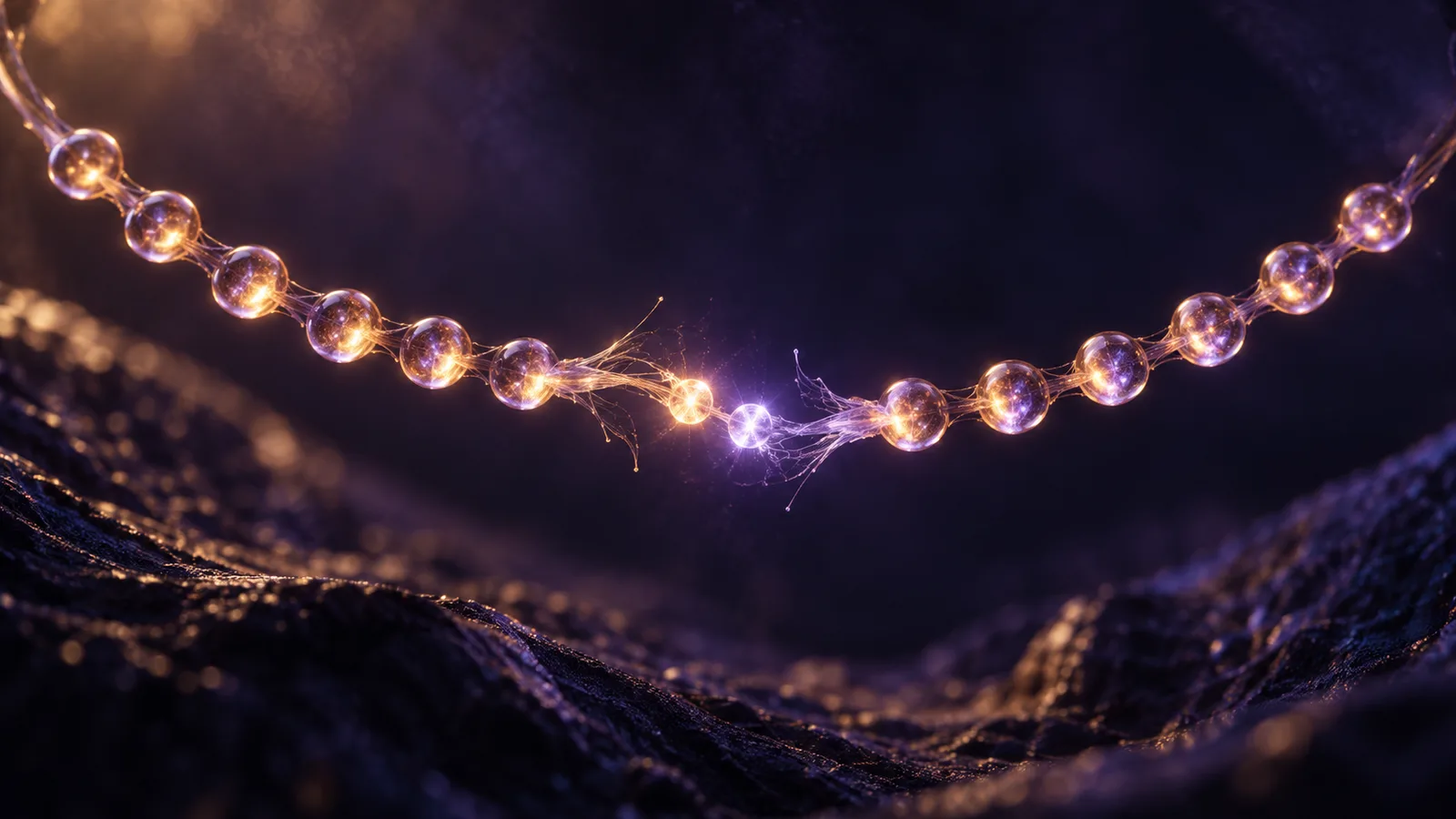 AI-generated conceptual illustration of a luminous chain separating at the center as a new pair of points appears; not a photograph of the trapped-ion experiment.