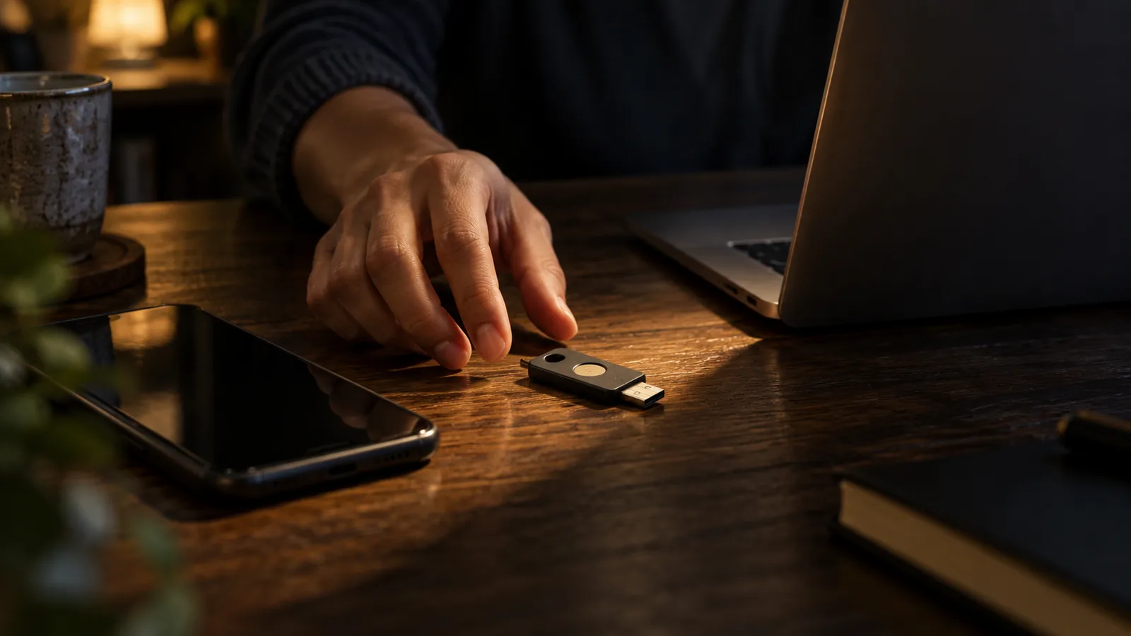 AI-generated editorial scene of a hand reaching for a security key beside a phone and laptop; no real ChatGPT screen or account events are shown.