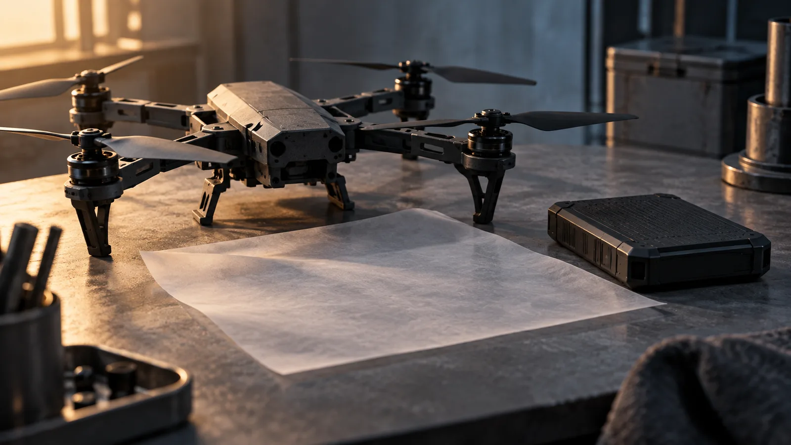 AI-generated editorial still life of an unbranded drone and a closed data drive on a workbench; no actual Ukrainian footage or selected system is shown.