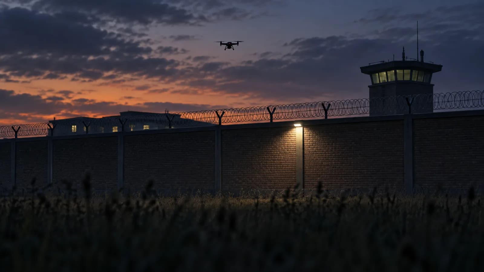 AI-generated conceptual scene of a small drone above an anonymous prison perimeter at dusk.