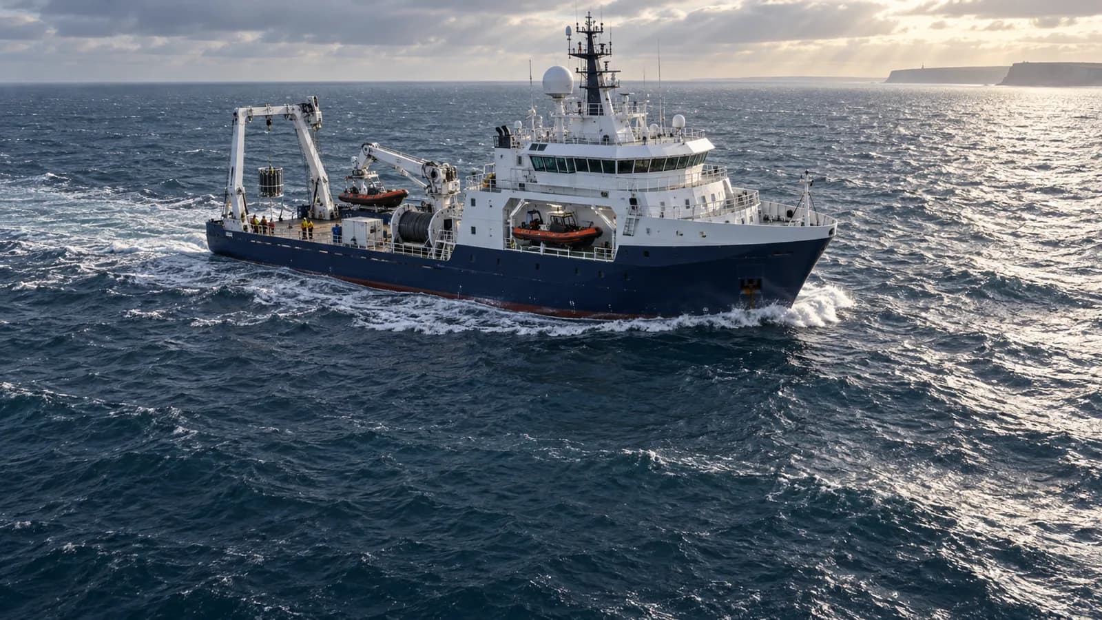 AI-generated conceptual research ship at sea, illustrating a planned future vessel rather than its final design.