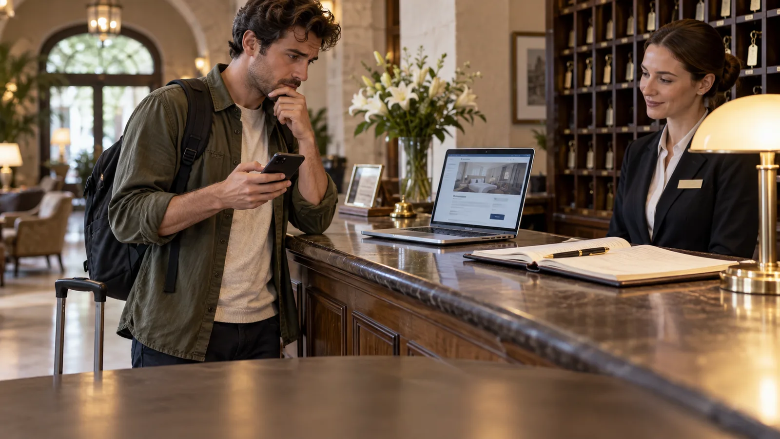 AI-generated conceptual hotel reception scene with a guest comparing booking channels.