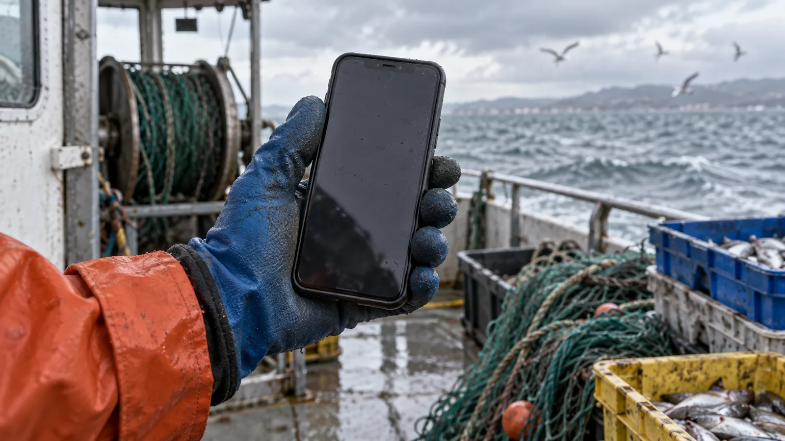 AI-generated conceptual image of a fisher holding a blank smartphone on a working boat.