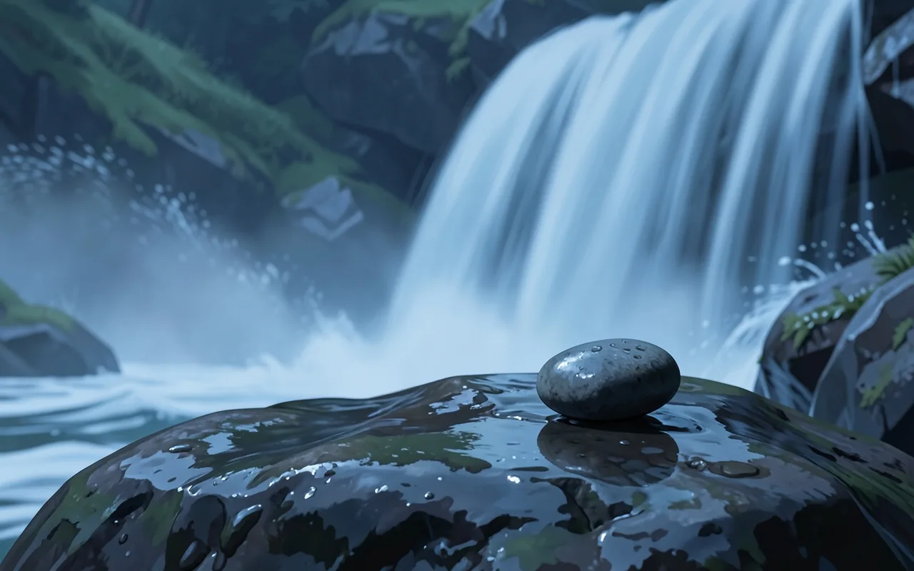 A still pebble beside a blurred, rushing waterfall