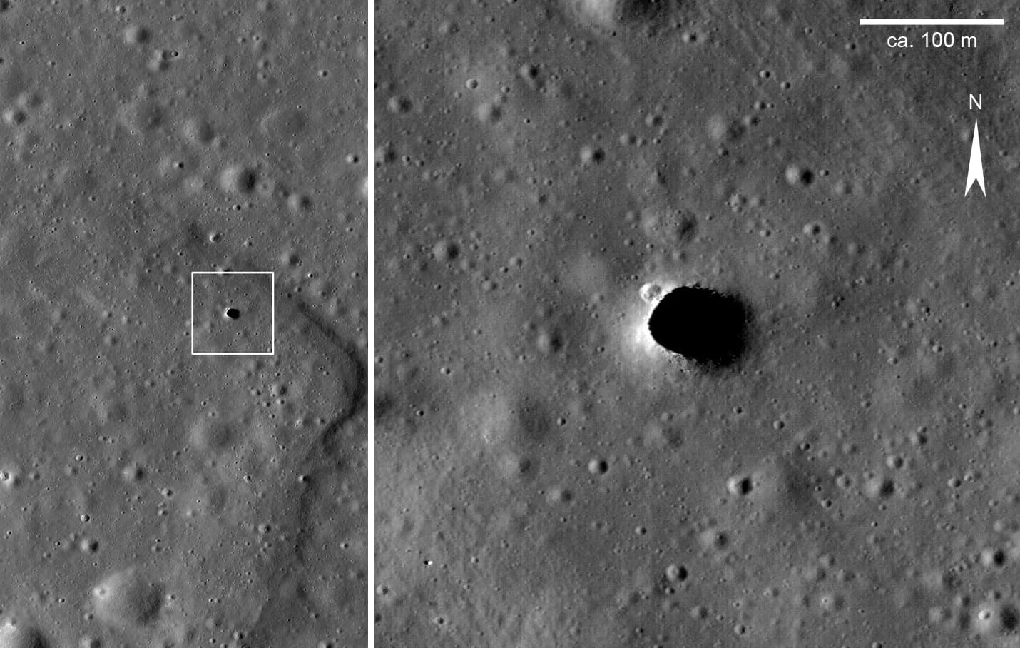 Lunar Reconnaissance Orbiter view of the Marius Hills pit, a dark round hole in the grey lunar surface