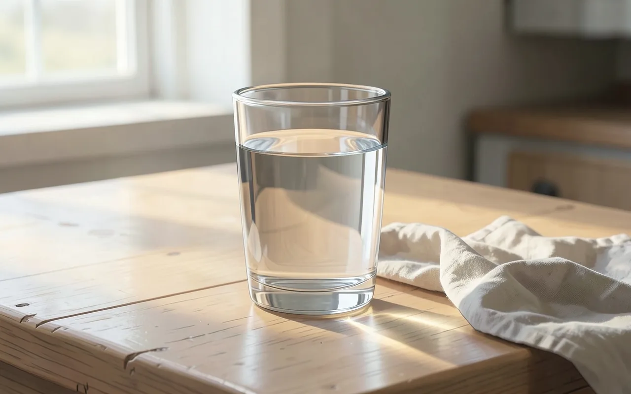 A still glass of water on a wooden table in morning light