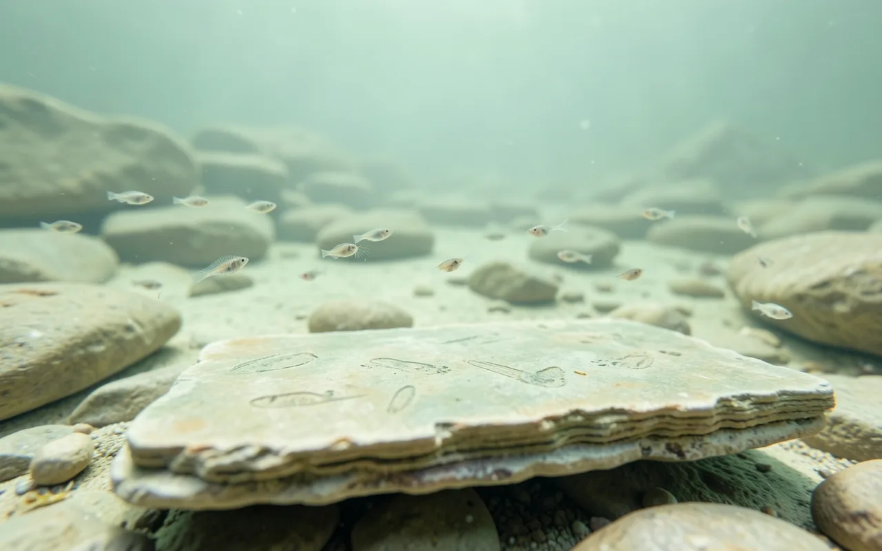 Small translucent creatures in an ancient shallow sea beside a slab of layered rock