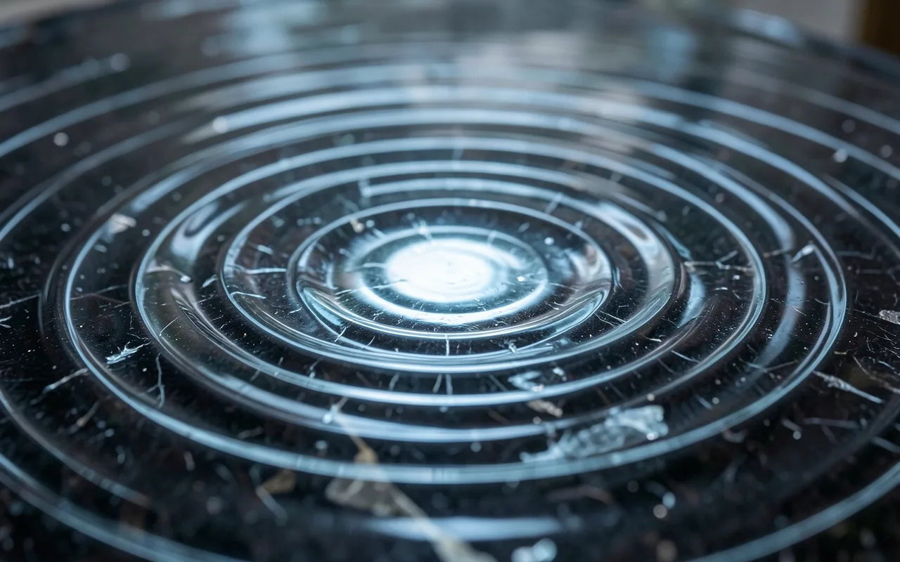 Ripples of blue light across a dark crystal-like surface