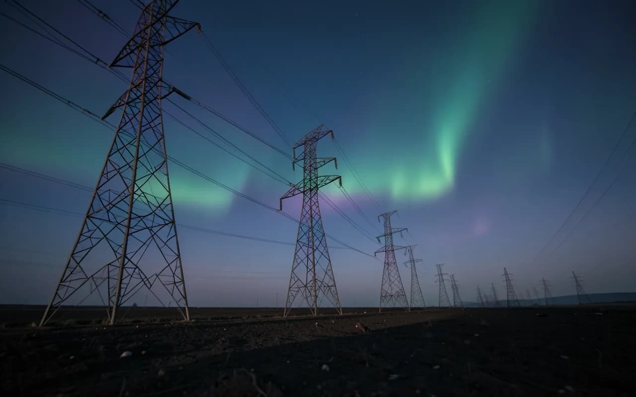 Power pylons beneath an aurora-filled sky