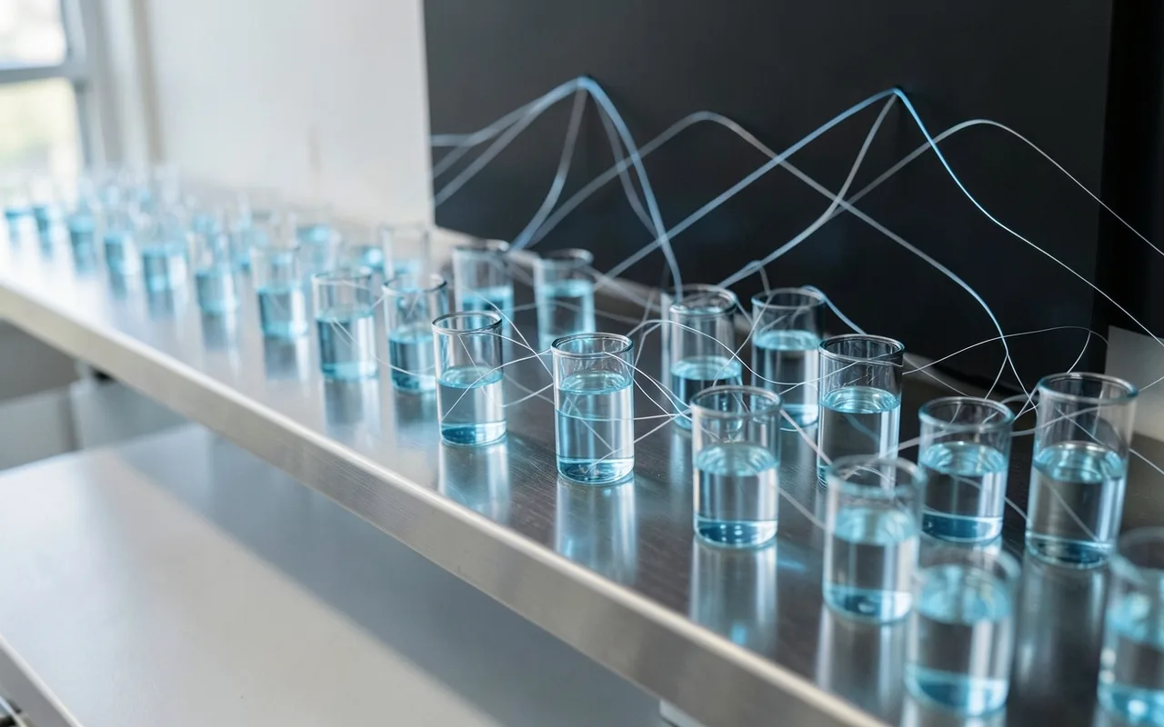 Glowing liquid in lab wells linked by thin lines of light