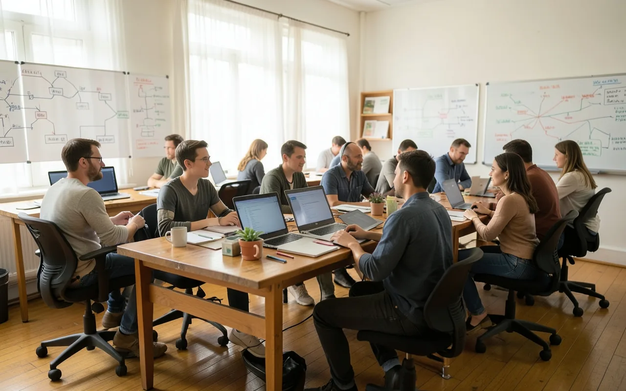 People working in small groups at long tables in a bright workshop