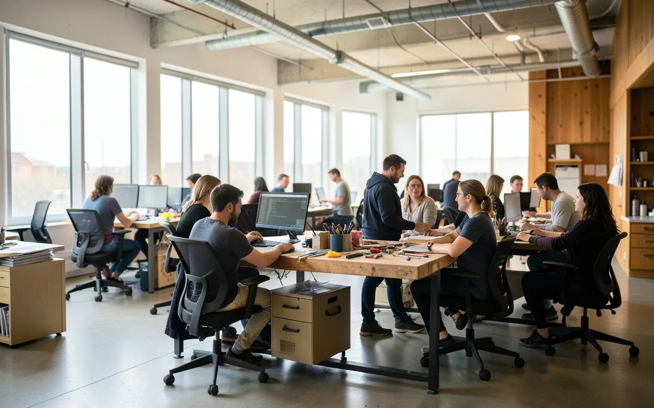 A bright workplace with accessible desks and a ramp