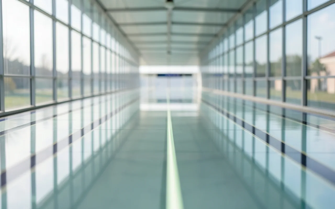 A glass hallway of parallel lit lanes receding into the distance
