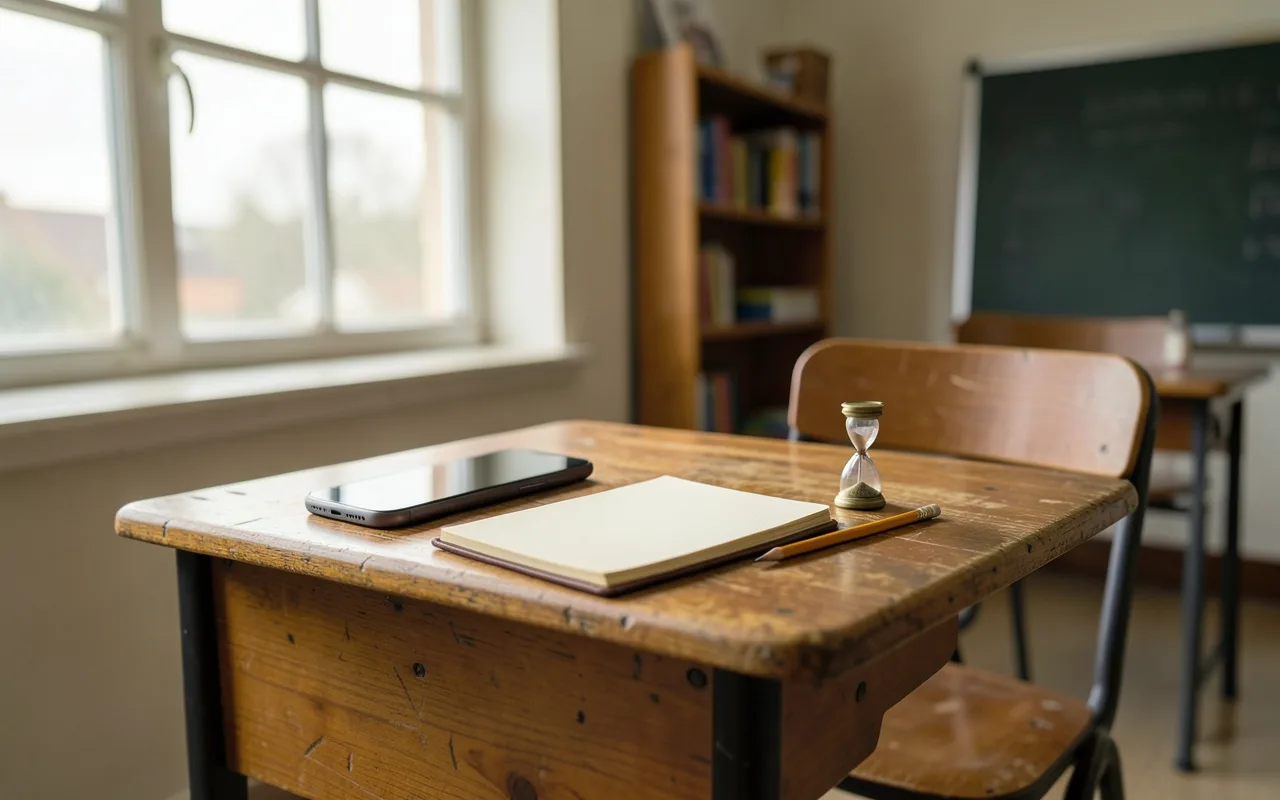 An old wooden school desk by a classroom window with a smartphone, a notebook, a pencil and a small hourglass