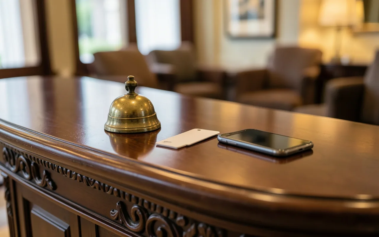 A hotel reception desk with a service bell, a key card and a smartphone