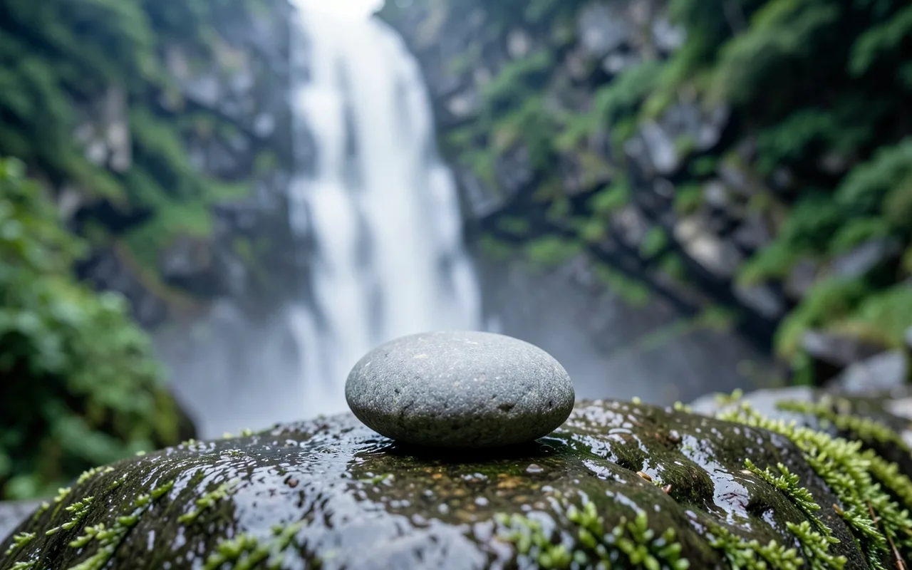 A sharp, still pebble on a wet rock in front of a long-exposure blurred waterfall