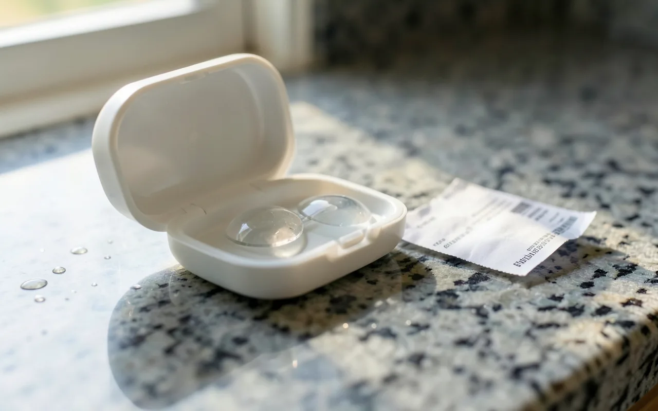 Illustration of contact lenses in an open case beside a long curling blank receipt