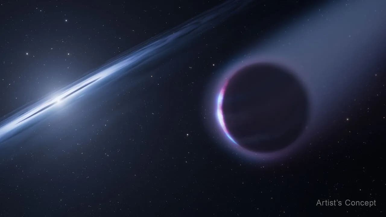 Artist's concept of a gas giant planet orbiting close to a small, bright white dwarf star