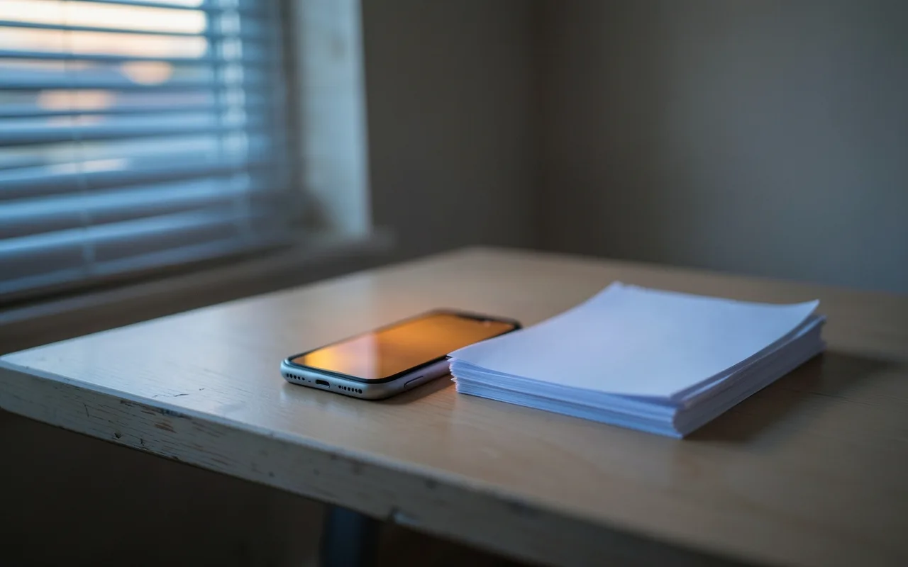 Illustration of a phone and a stack of blank papers on a desk at dusk