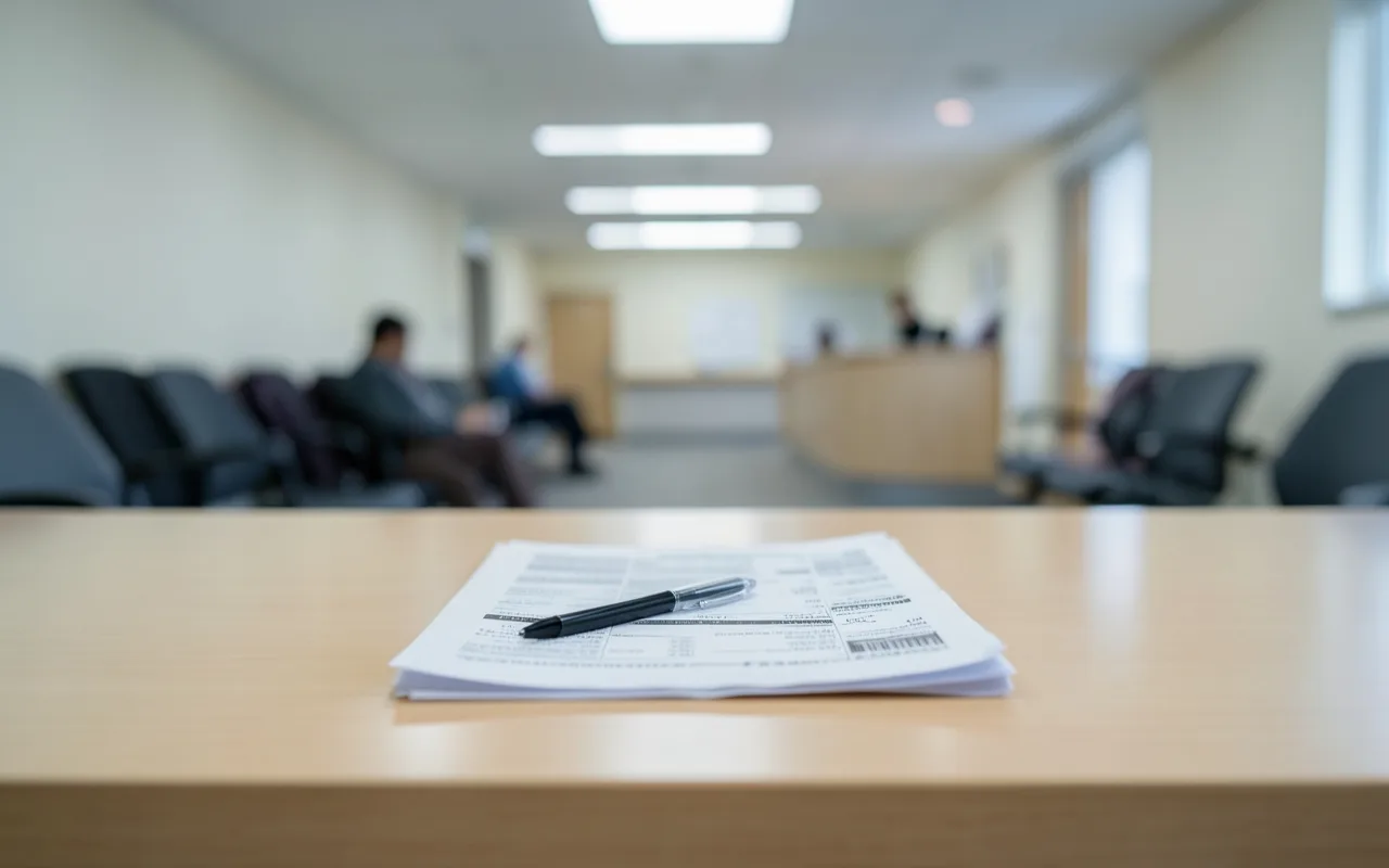 Illustration of a folded medical bill on a hospital billing counter