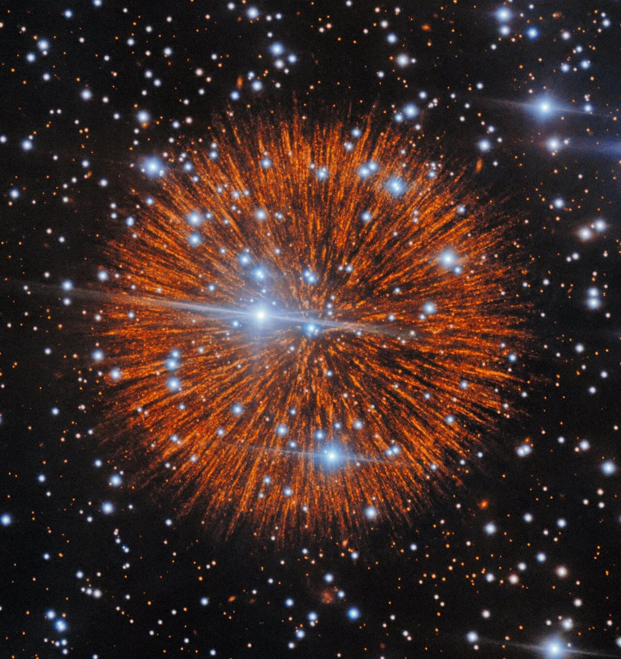 Supernova remnant Pa 30, a bright central star surrounded by thin radial filaments resembling a firework