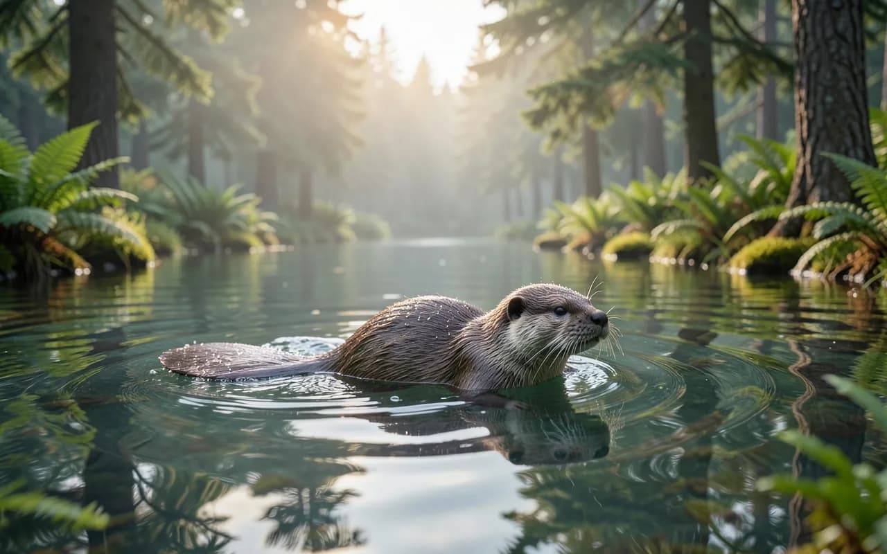 Illustration of a small furry animal with a flat tail swimming in a prehistoric lake